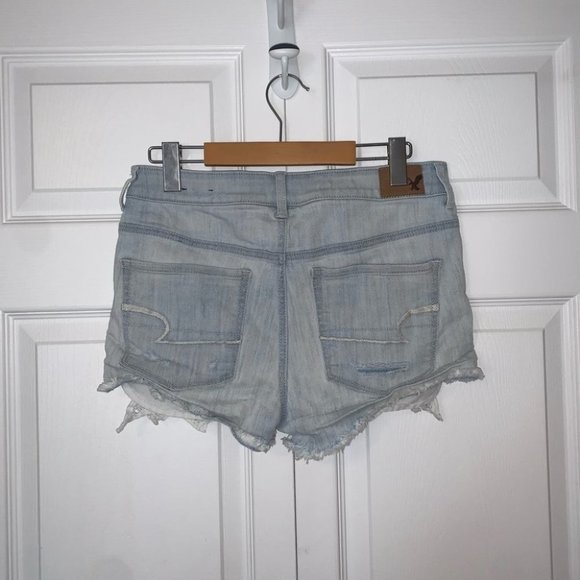 American Eagle Hi-Rise Shortie Size 8 US Light Denim  Lace High Waisted Shorts - Picture 7 of 10